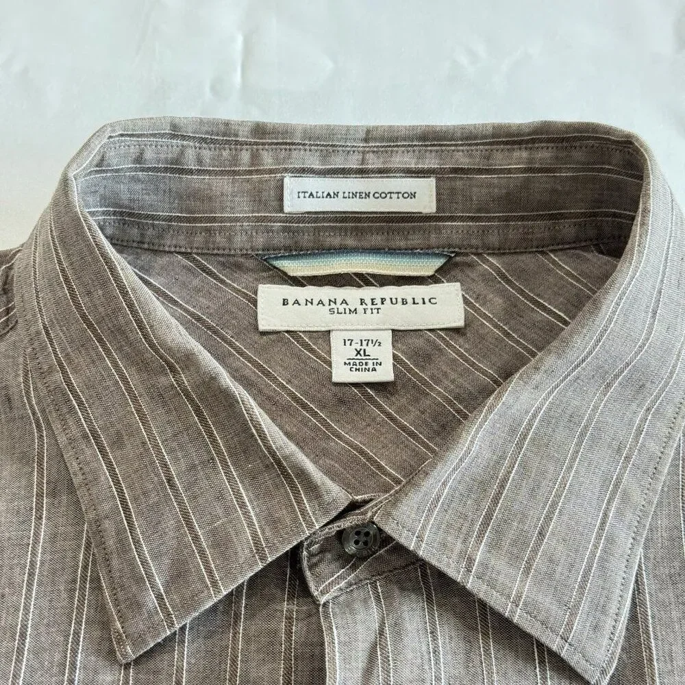 Banana Republic Mens XL Brown Slim Fit Italian Linen Long Sleeve Shirt Good